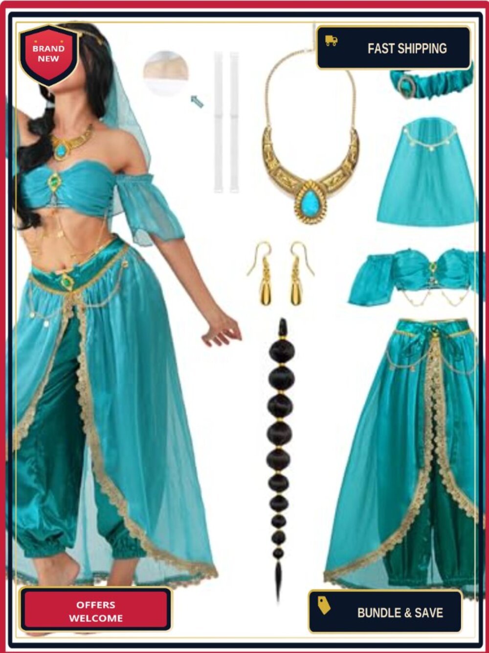 Arabian Princess Costume Set Off Shoulder Top Harem Pants Cosplay Halloween